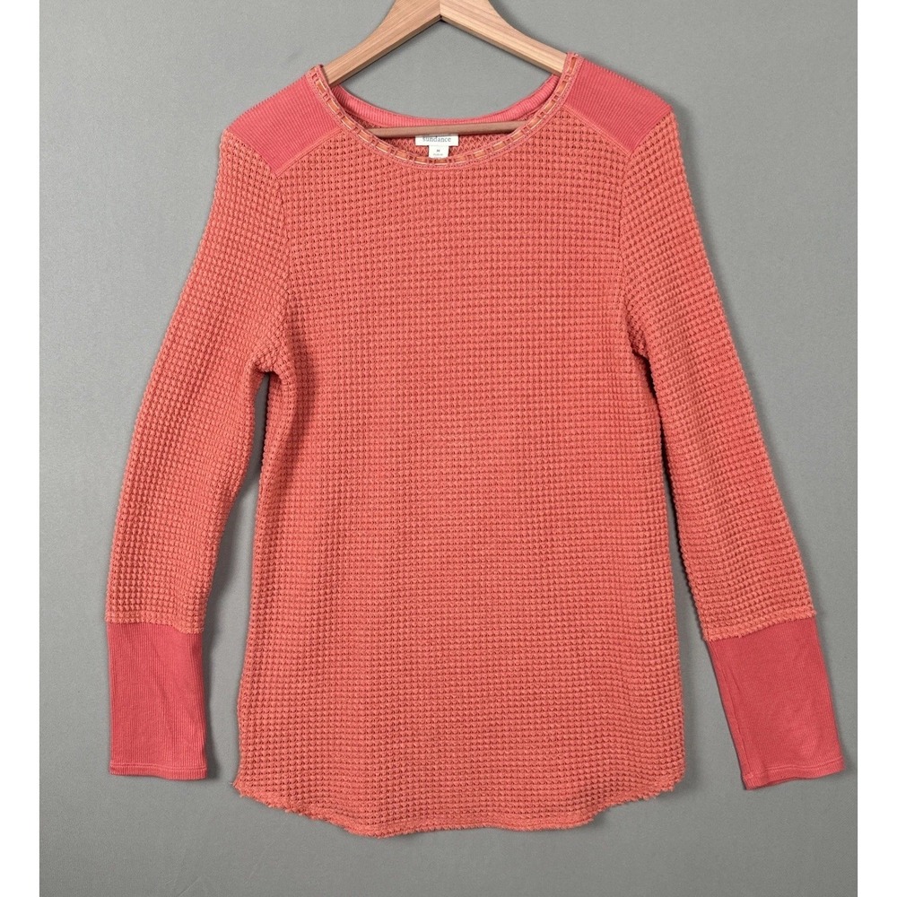 Sundance Pink‎ Coral Waffle Knit Thermal Top Womens Medium Long Sleeve Raw Hem